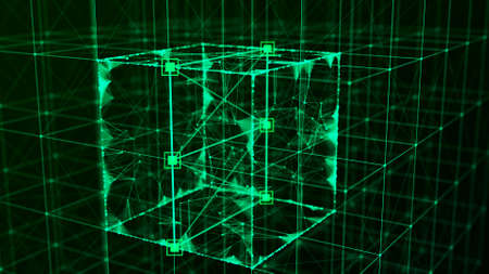 Technology block chain network connection. Big data visualization. Cyber security background. Green cube, consisting of block. 3D rendering.の写真素材
