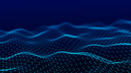 Futuristic hexagon wave. Dark cyberspace. Abstract wave with dots and line. White moving particles...