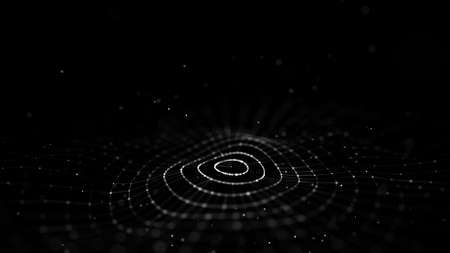 Futuristic circle wave. Dark cyberspace. Abstract music sound wave with dots. White moving particles on a black background. 3d rendering.の写真素材