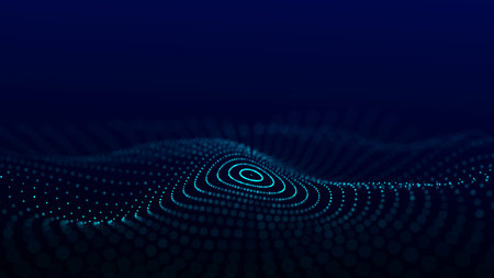 Futuristic circular wave. Dark cyberspace. Abstract sound wave with dots. White moving particles on...