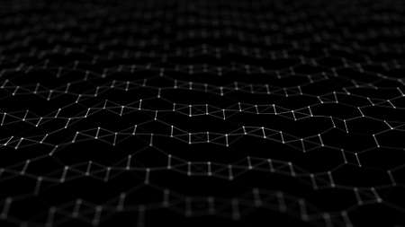 Abstract digital flow particles. Cyber network connection background. Big data visualization. Technology black backdrop. 3d rendering.の写真素材