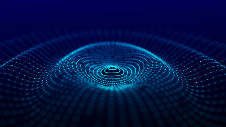 Futuristic circular wave. Dark cyberspace. Abstract sound wave with dots. White moving particles on...