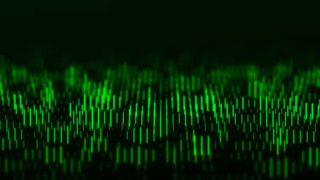 Abstract technology wave of particles. Big data visualization. Dark background with motion green lines. Artificial intelligence. 3d rendering.の写真素材