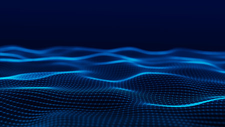 Futuristic digital wave. Dark cyberspace. Abstract wave with dots and line. White moving particles...