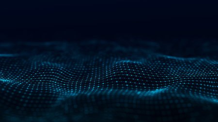 Futuristic digital wave. Dark cyberspace. Abstract wave with dots and line. White moving particles...