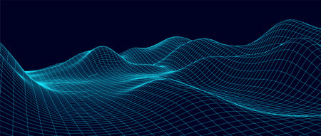 Vector mountain wireframe landscape. Technology polygonal terrain. Futuristic blue background.