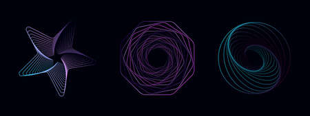 Set of twisted colored spirals. Sacred geometry. Tunnel with lines in the form of a star, circle and hexagons. Vector geometric fractal element.のイラスト素材