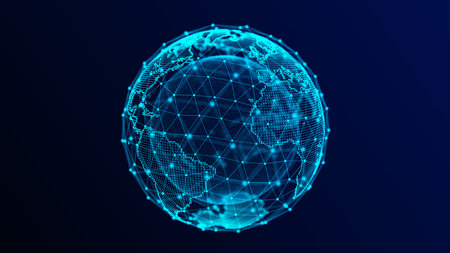 Virtual planet Earth with particles and lines. Network connection big data. Abstract technology blue...