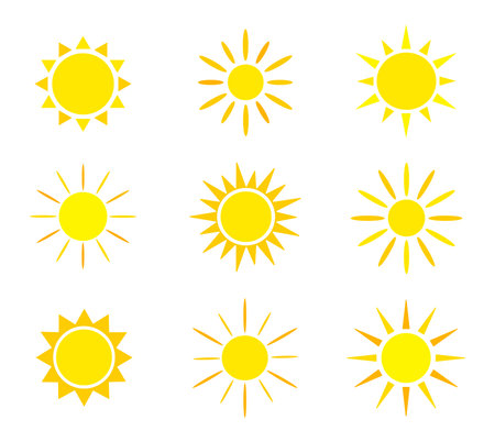 Set of sun icon on white background. Yellow vector suns in flat style.