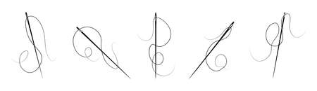 Set of needles with thread on white background. Variety vector sewing needles in flat styleのイラスト素材