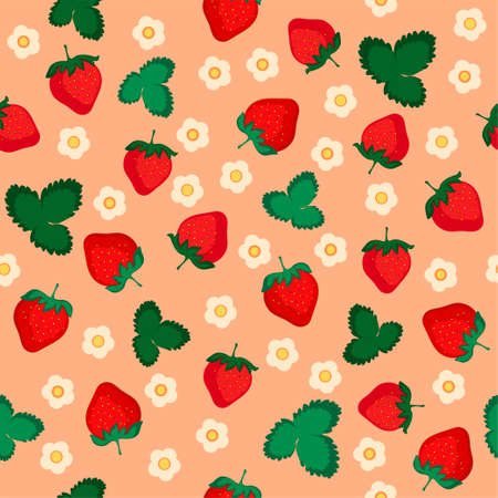 Vector pattern with strawberries on beige background. Seamless pattern with berries, flowers and leaves. Flat design.のイラスト素材