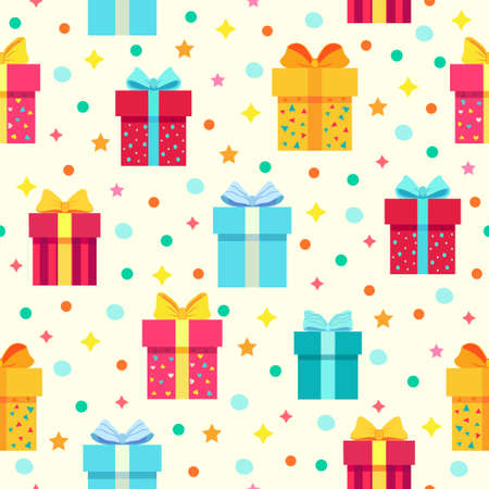 Pattern of holiday gift box on white background. Variety vector multicolored christmas gift box in flat style.のイラスト素材