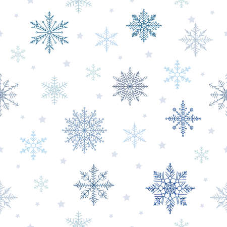 Pattern of holiday blue snowflakes on white background. Variety vector christmas snowflakes in flat style.のイラスト素材