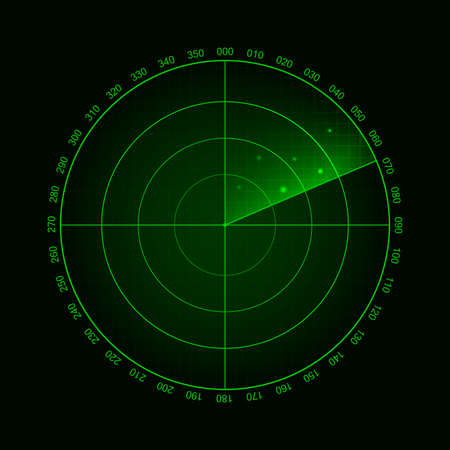 Vector green radar screen. Military search system in action with targets. Technology HUD design.のイラスト素材
