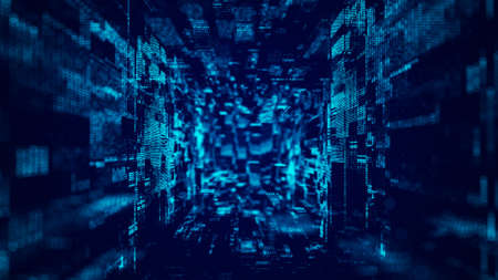 Abstract wireframe tunnel. Blue wormhole. 3D portal grid. Futuristic fantasy square funnel. 3d rendering.の写真素材