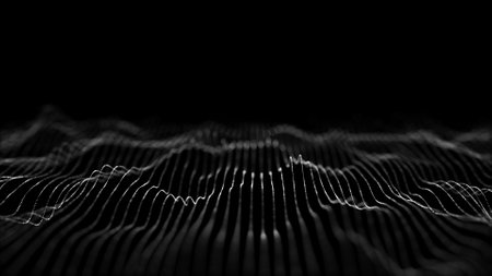 Futuristic digital wave. Dark cyberspace. Abstract wave with dots and line. White moving particles on a black background. 3d rendering.の写真素材