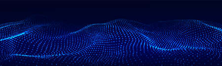 Futuristic technology wave. Digital cyberspace. Abstract wave with moving particles on a blue background. Big data analytics.のイラスト素材