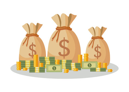 Colorful icons money bag on the white background. Vector investment bag, stack of dollar coins and banknotes in cartoon style.のイラスト素材
