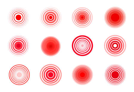 Set of red circle pain on the white background. Vector icon localization pain, design element for painkiller advertisement and medical posters in flat style.のイラスト素材