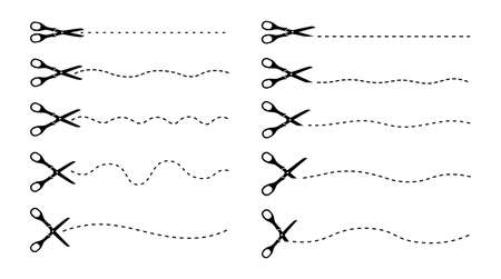 Set of cutting scissors on white background. Vector icon scissors cut paper on dotted line in flat style.のイラスト素材