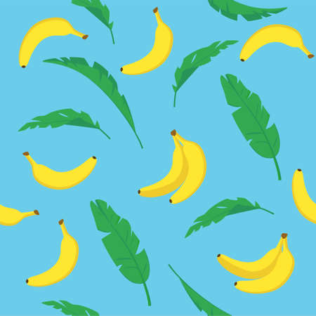 Pattern of with bananas and leaf blue background. Vector tropical fruit, single and bunch yellow banana in cartoon style.のイラスト素材