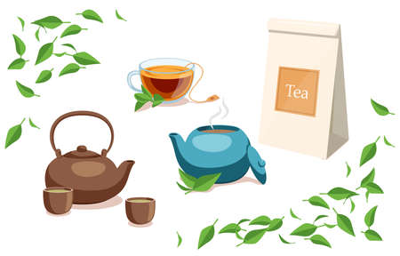 Green natural leaf tea on white background. Vector hot fragrant black tea in cup, brown and blue teapot, paper bag in cartoon style.のイラスト素材
