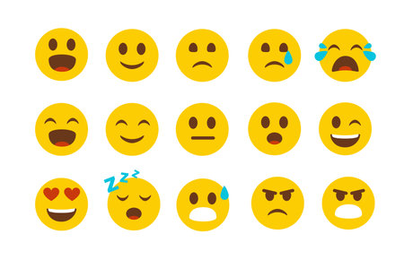 Set of yellow smileys on white background. Vector smileys face with different emotions in cartoon style.のイラスト素材