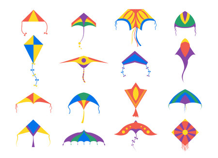 Set of varicoloured kite from different form on white background. Vector flying toy for kids in cartoon style.のイラスト素材