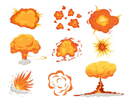 Set of bomb explosion different form on white background. Vector explosion dynamite and atomic bomb in cartoon style.のイラスト素材
