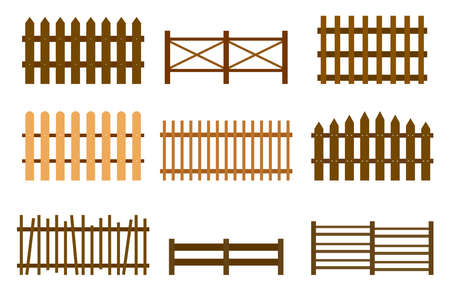 Set of wooden fences on white background. Vector new and old fences in flat style.のイラスト素材