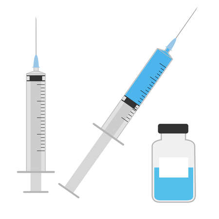 Gray medical syringe with vaccine in cartoon style. Vector empty, filled syringe and vaccine bottle isolated on a white background.のイラスト素材