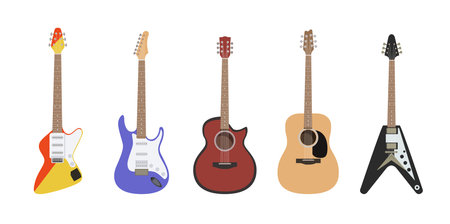 Set of varicoloured guitars in different shape on white background. Vector musical instrument in cartoon style.のイラスト素材