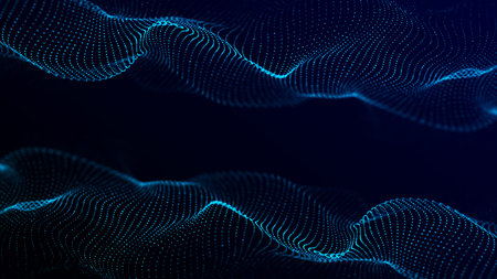 Abstract technology double wave of particles. Big data visualization. Dark background with motion...