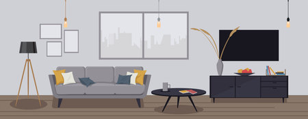 modern house interior background. Cozy apartment furnished with a sofa, table, shelf with books and flowerpots, TV, paintings and lamps in cartoon vector style.のイラスト素材