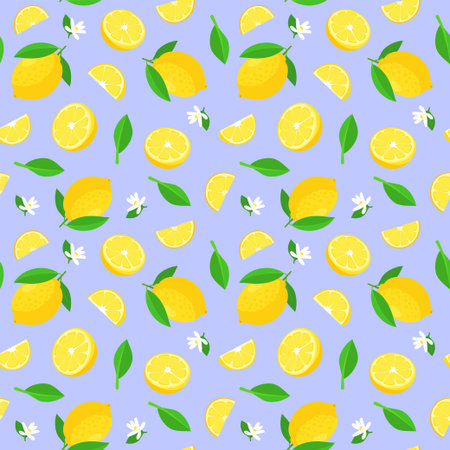 Pattern lemon with green leaf and white flower in cartoon style. Vector whole and parts sweet lemon isolated on a white background.のイラスト素材