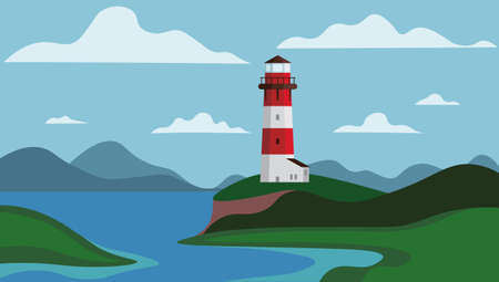 White-red lighthouse on seashore with mountains on background. Vector illustration searchlight tower for maritime navigation guidance, coastline architecture building in cartoon style.のイラスト素材