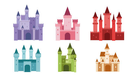 Set of different types of varicoloured fairy medieval castles white background. Vector gothic palaces with towers or ancient citadel in flat style.のイラスト素材