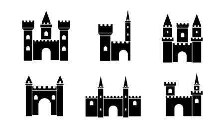 Set icons of different types of fairy medieval castles white background. Vector gothic palaces with towers or ancient citadel in flat style.のイラスト素材