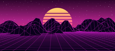 Retro fantasy background of the 80s. Vector mountain wireframe landscape with night sky and sunset ....
