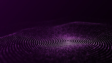 Futuristic circle wave. dark cyberspace. Abstract music sound wave with dots. White moving particles...