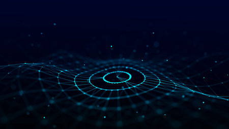 Futuristic circular wave. Dark cyberspace. Abstract sound wave with dots. White moving particles on...