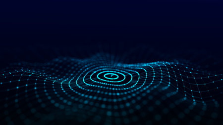 Futuristic circular wave. Dark cyberspace. Abstract sound wave with dots. White moving particles on...