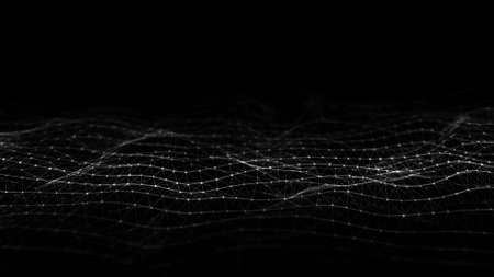 Abstract technology wave of particles. Big data visualization. Dark background with motion dots and lines. Artificial intelligence. 3d rendering.の写真素材