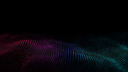 Futuristic technology wave. Digital cyberspace. Abstract wave with moving particles on a colors background. Big data analytics. 3d rendering.の写真素材