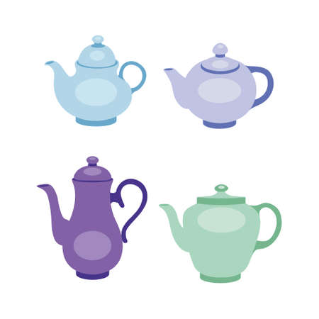 Set of varicoloured teapots on white background. Vector illustration home crockery, kettles different shapes in cartoon style.のイラスト素材