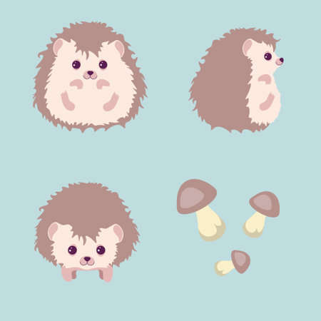 Set of cute and beautiful character hedgehogs on blue background. Vector illustration charming animals in different poses front and side view, sitting smiling and mushrooms near in cartoon style.のイラスト素材