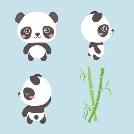 Set of cute and beautiful character pandas on blue background. Vector illustration of charming animals in different poses front and side view, dancing and bamboo near in cartoon style.のイラスト素材