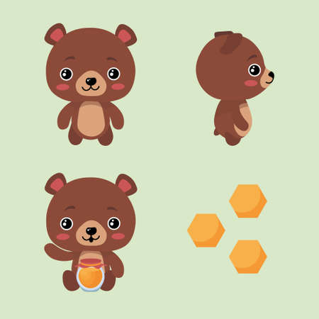 Set of cute and beautiful character bears on green background. Vector illustration charming animals in different poses front and side view, eating honey and honeycomb near in cartoon style.のイラスト素材
