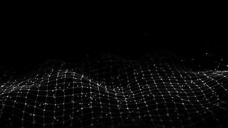 Abstract technology wave of particles. Big data visualization. Dark background with motion dots and...