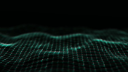 Futuristic digital wave. Dark glitch cyberspace. Abstract wave with dots and line. White moving...